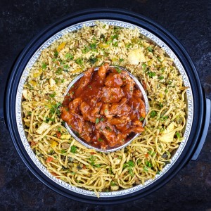 Nasi + bami + babi pangang