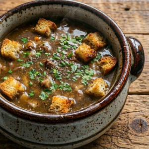 Ossenstaartsoep met peterselie en croutons